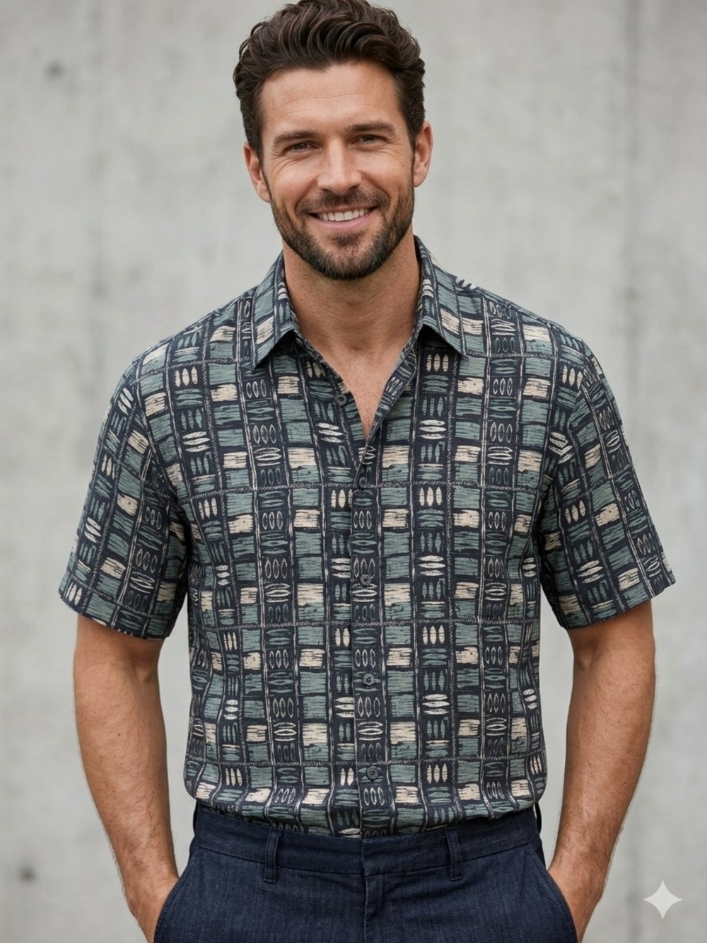 SUMMA Silk Blend Abstract Geometric Print Button Down Shirt - Men's Medium